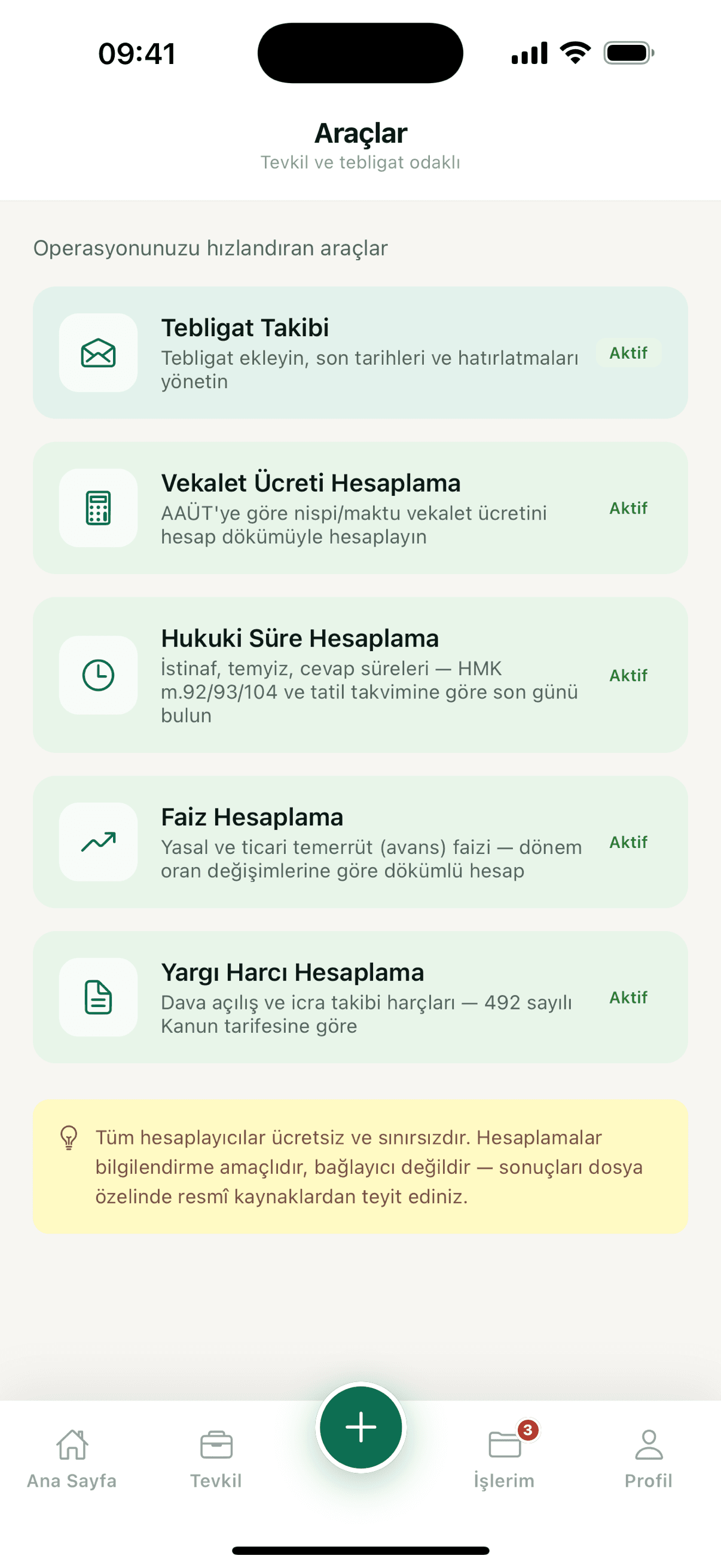 TevkilCep araçlar ekranı — vekalet, faiz, süre, harç, tebligat