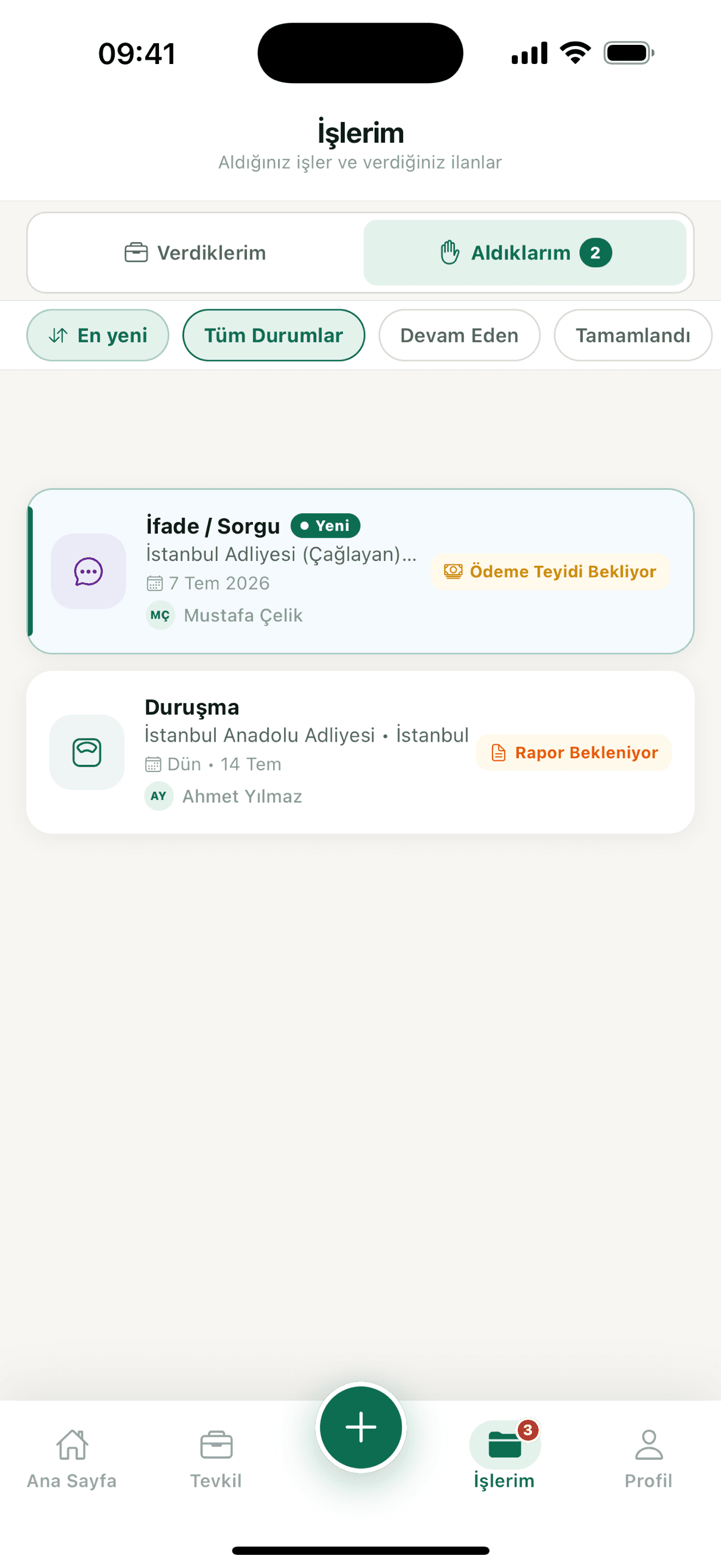 TevkilCep işlerim ekranı — verdiklerin ve başvurularını yönet