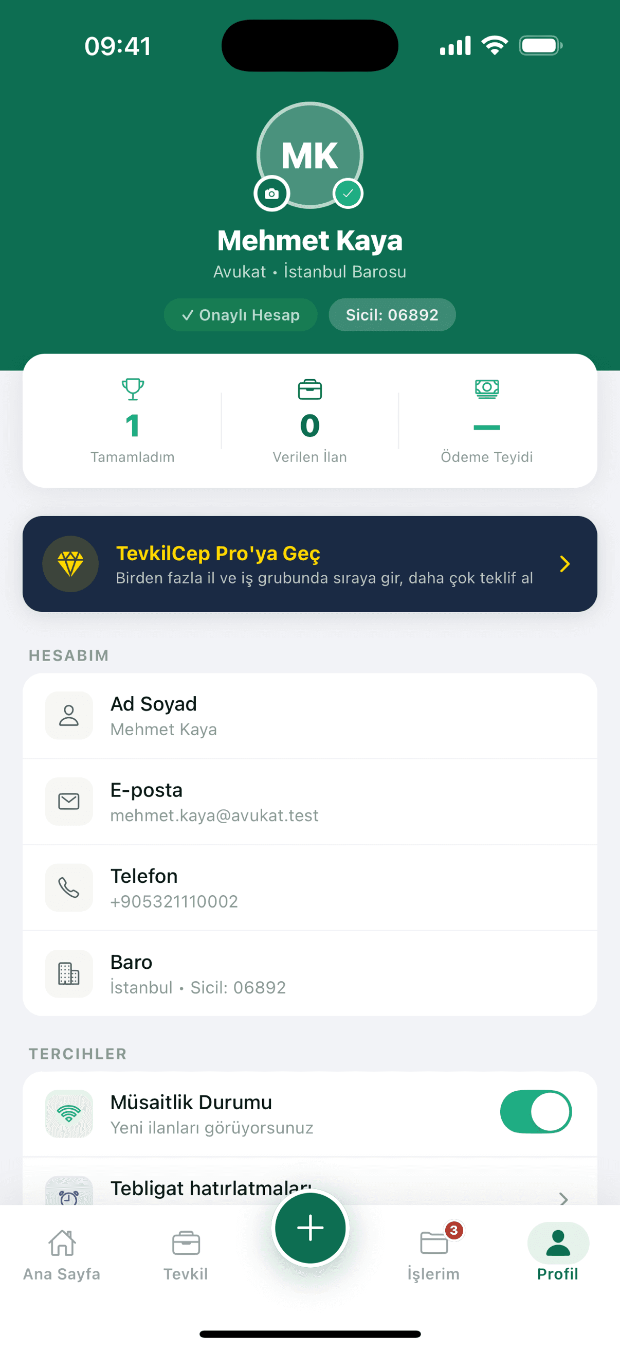 TevkilCep profil ekranı — onaylı hesap, sicil ve hesap işlemleri
